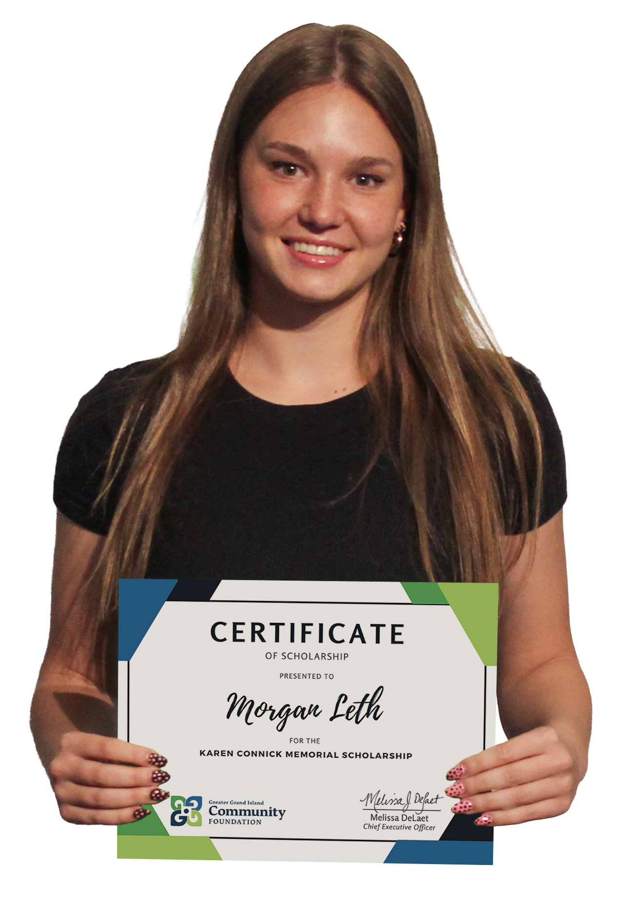 Morgan Leth holding her Karen Connick Memorial Scholarship certificate